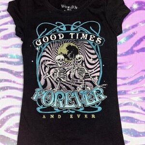 Wound Up Black Tee with Blue and White Graphic